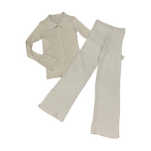 Two-piece trumpet sleeve cardigan and wide leg knitted trousers